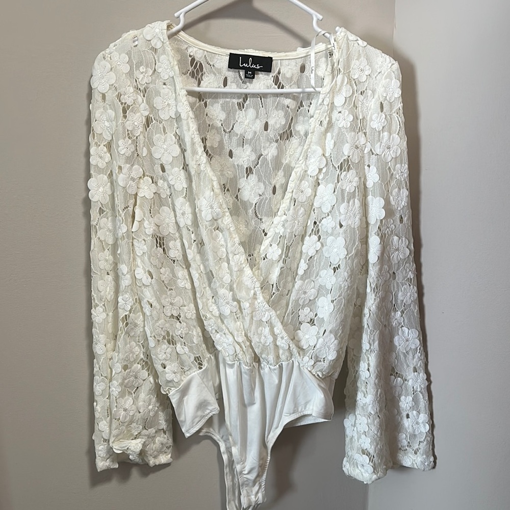 Lulu's White Wrap Embellished Bodysuit